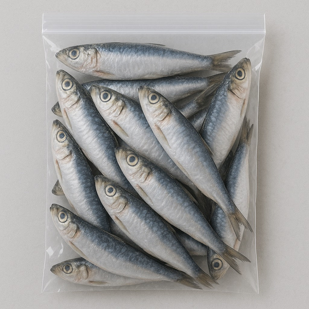 Packaged sardines in a clear plastic bag on a light gray background