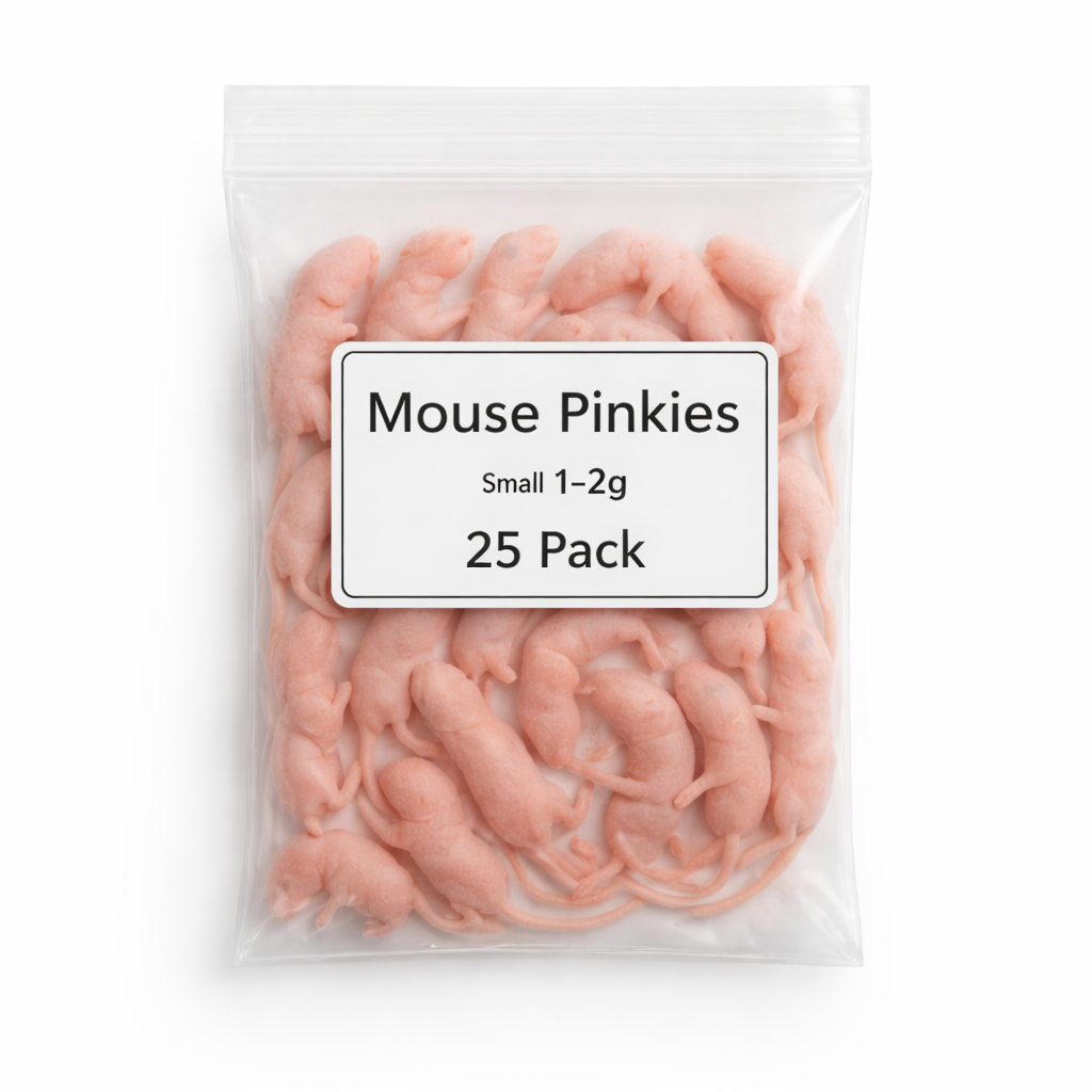 SiarFrozen Small Mouse Pinkies 25-pack — Frozen newborn pinky mice weighing 1g-2g each, ideal for hatchling reptile feeding.