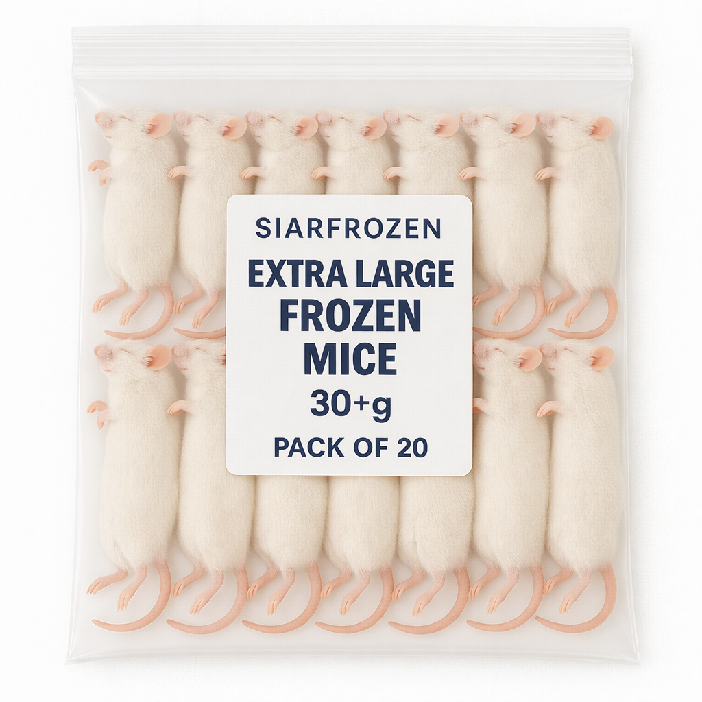 SiarFrozen XL Mice 20-pack — Large frozen mice weighing over 30g each, vacuum-sealed for bulk reptile feeding and birds of prey.