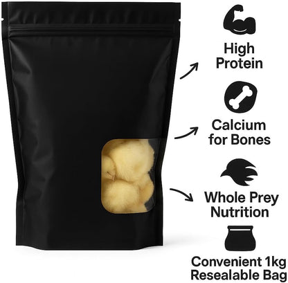 Black packaging of dried pet food with nutritional information on a white background