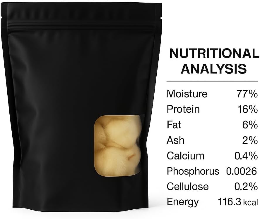 Black packaging with a window showing beige contents and nutritional analysis text on the right.
