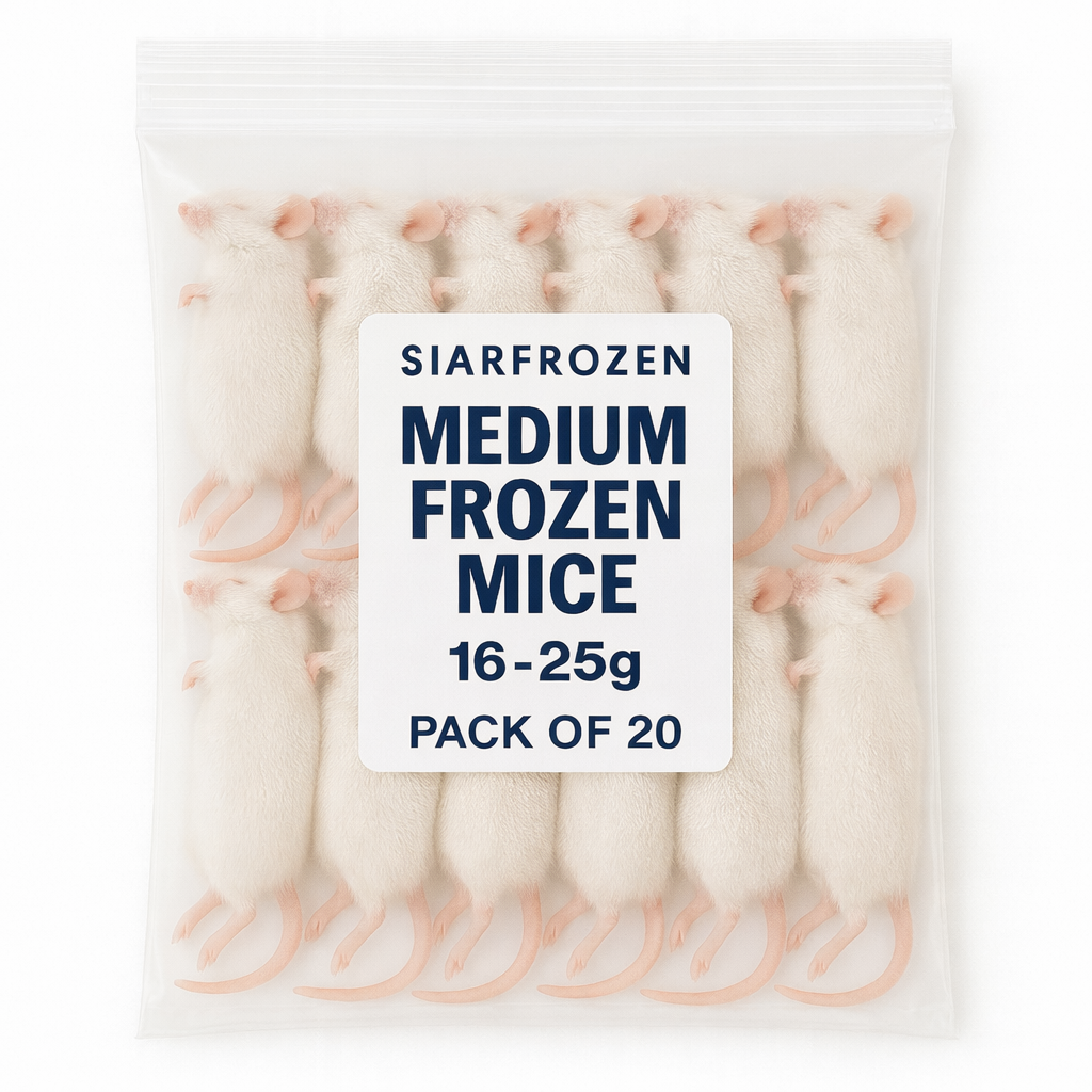 SiarFrozen Medium Mice 20-pack — Bulk frozen mice weighing 16g-25g for feeding juvenile snakes and birds of prey, vacuum-sealed for quality.