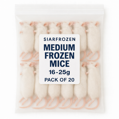 SiarFrozen Medium Mice 20-pack — Bulk frozen mice weighing 16g-25g for feeding juvenile snakes and birds of prey, vacuum-sealed for quality.