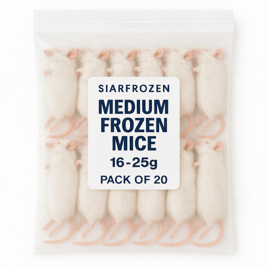 SiarFrozen Medium Mice 20-pack — Bulk frozen mice weighing 16g-25g for feeding juvenile snakes and birds of prey, vacuum-sealed for quality.