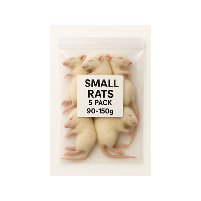SiarFrozen Small Rats 5-pack — Five frozen rats weighing 90g-150g each, vacuum-packed for feeding medium-sized snakes and birds of prey.