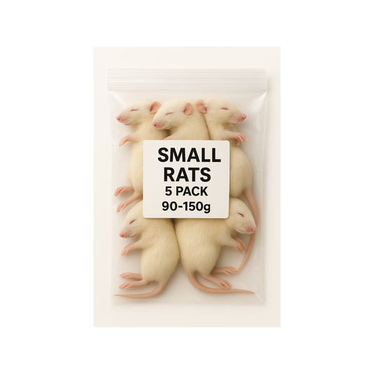 SiarFrozen Small Rats 5-pack — Five frozen rats weighing 90g-150g each, vacuum-packed for feeding medium-sized snakes and birds of prey.