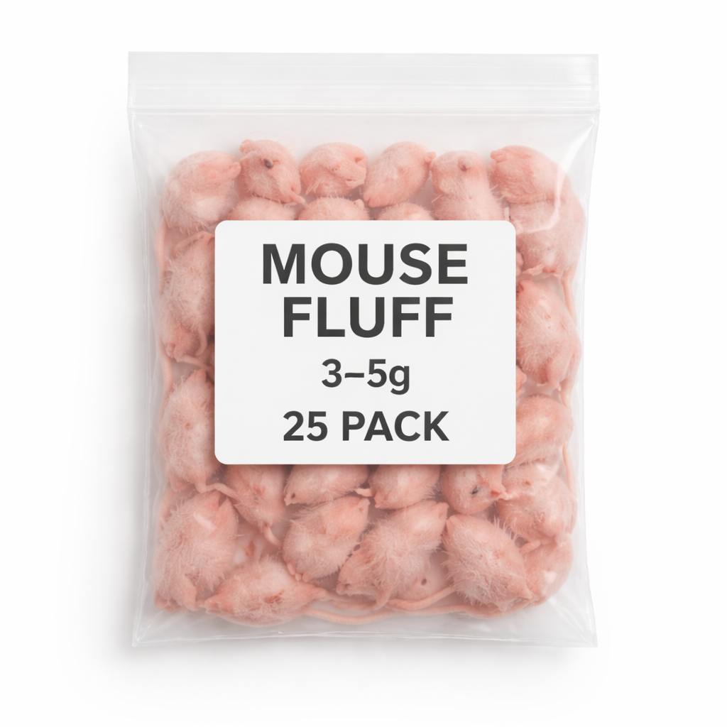 SiarFrozen Mouse Fluffs 25-pack — Frozen mouse fluffs weighing 3g-5g each, a premium transitional feed for growing reptiles and amphibians.