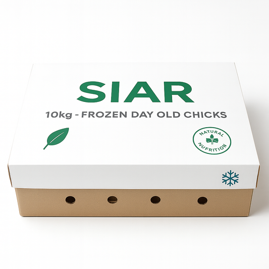 SiarFrozen Day-Old Chicks 10kg bulk case — Frozen whole-prey chicks for professional reptile breeders and raptor centers.