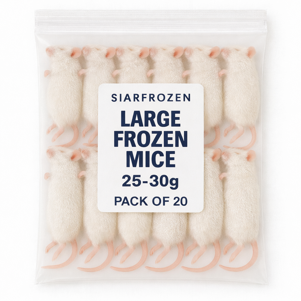 SiarFrozen Large Mice 20-pack — Bulk frozen mice weighing 25g-30g for feeding snakes and birds of prey, vacuum-sealed for freshness.