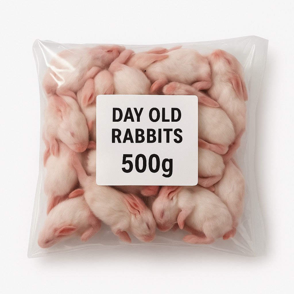 SiarFrozen Day-Old Rabbits 500g pack — Small frozen whole-prey rabbits for feeding birds of prey and reptiles, vacuum-sealed for freshness.