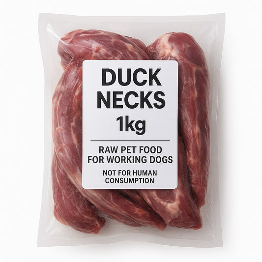 SiarFrozen Raw Duck Necks 1kg bag — Premium frozen raw duck necks for dogs, a natural high-protein dental chew for raw feeding.
