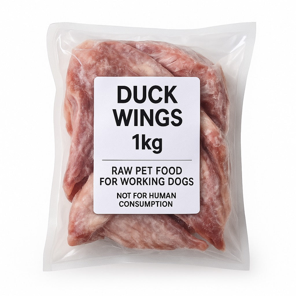 SiarFrozen Raw Duck Wings 1kg pack — Freshly frozen raw duck wings for dogs, a natural high-protein and calcium treat for raw feeding.