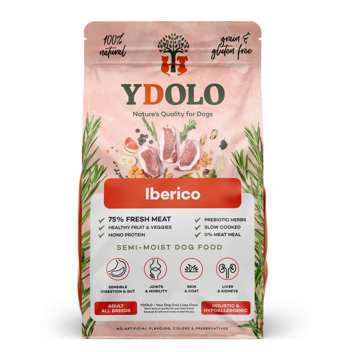 SiarFrozen Healthy & Pure Iberico cold-pressed dog food bags in 2.5kg and 10kg sizes, featuring premium fresh Iberico pork and holistic botanicals.
