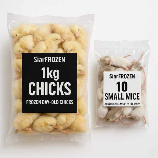 SiarFrozen Raw Feeding Bundle — A frozen pack containing 1kg of day-old chicks and 10 small mice (10-15g) for natural raw feeding.