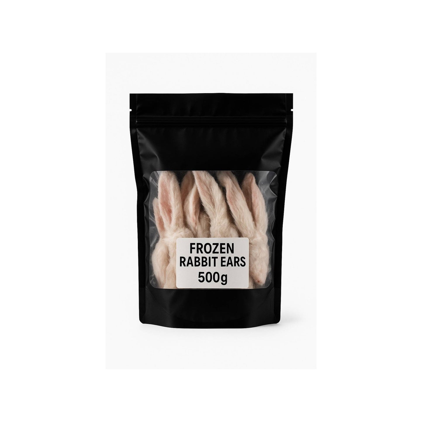 SiarFrozen Rabbit Ears 500g pack — Natural frozen dog treats with fur for dental and digestive health in clear packaging.