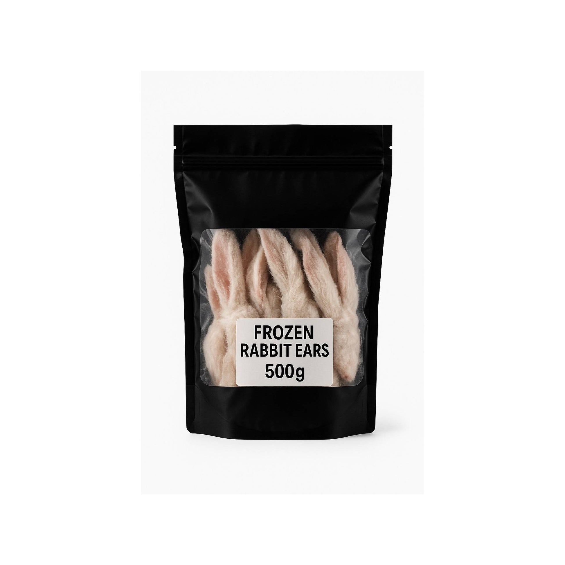 SiarFrozen Rabbit Ears 500g pack — Natural frozen dog treats with fur for dental and digestive health in clear packaging.