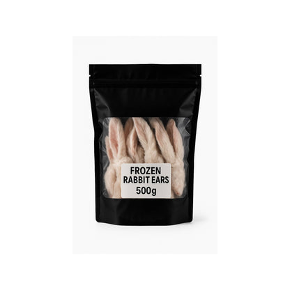 SiarFrozen Rabbit Ears 500g pack — Natural frozen dog treats with fur for dental and digestive health in clear packaging.