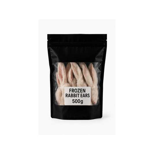 SiarFrozen Rabbit Ears 500g pack — Natural frozen dog treats with fur for dental and digestive health in clear packaging.