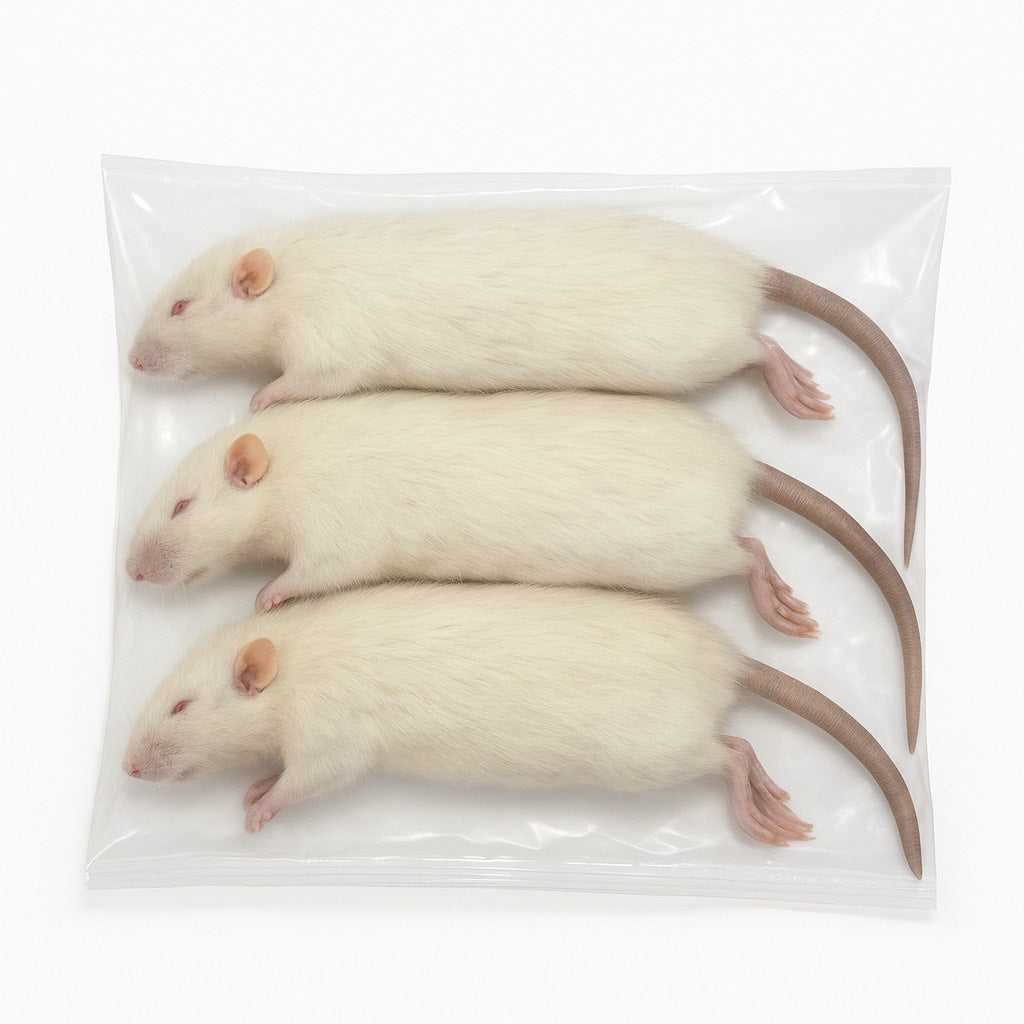 SiarFrozen XL Rats 3-pack — Extra-large frozen rats weighing 350g-450g for feeding large snakes and reptiles, vacuum-sealed for quality.