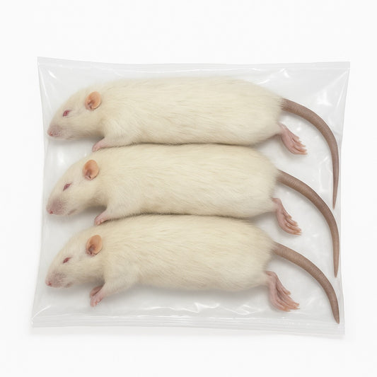 SiarFrozen Jumbo Rats 3-pack — Massive frozen rats weighing 450g+ for feeding large snakes and birds of prey, vacuum-sealed for freshness.
