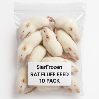 SiarFrozen Rat Fluffs 10-Pack — Premium frozen rodent feed for growing snakes and reptiles in professional vacuum-sealed packaging.