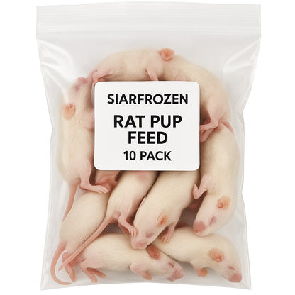 SiarFrozen Rat Pup 10-Pack — Premium flash-frozen feed for snakes and reptiles in clear vacuum-sealed packaging.