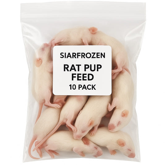 SiarFrozen Rat Pup 10-Pack — Premium flash-frozen feed for snakes and reptiles in clear vacuum-sealed packaging.