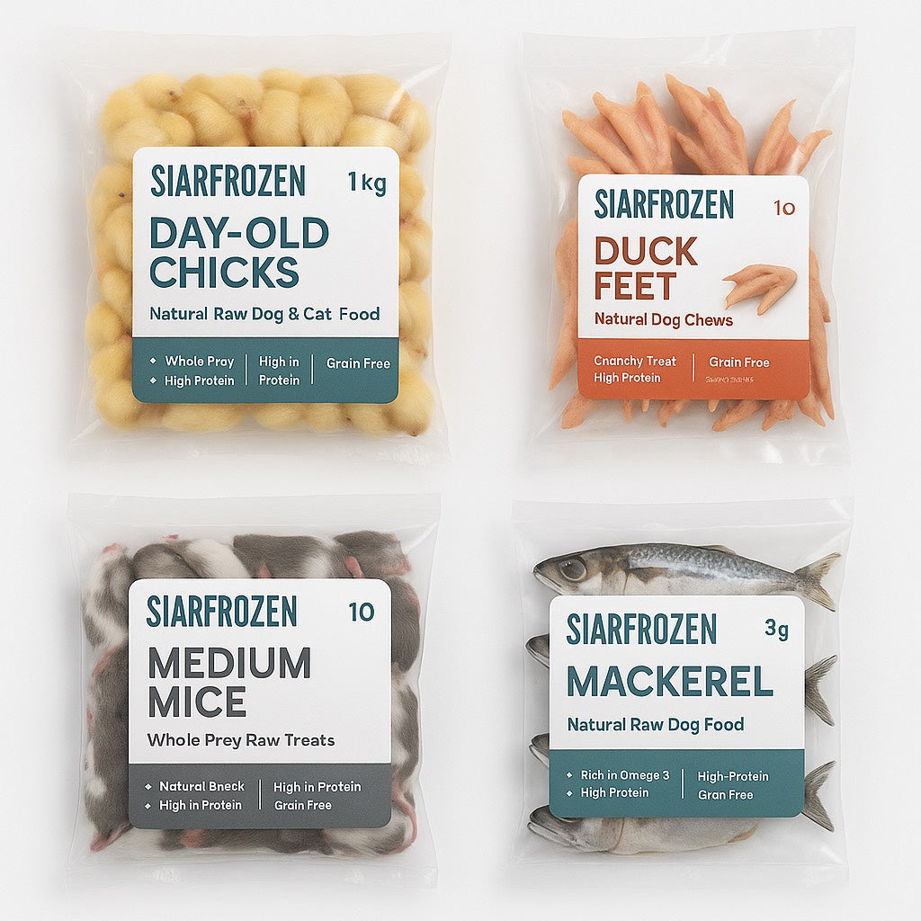 SiarFrozen Whole Prey Variety Pack — A diverse frozen bundle including day-old chicks, medium mice, duck feet, and whole mackerel for raw feeding.